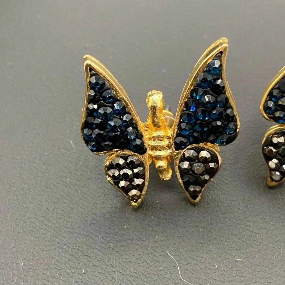 Pave Black and Gunmetal Grey Butterfly Pierced Gold Earrings
